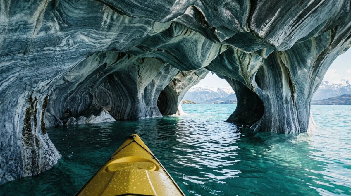Kayak gliding into a blue chamber on the marble cathedrals premium kayak tour on Lake General Carrera
