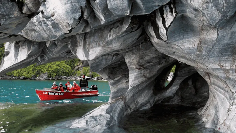 Tour van on the Carretera Austral heading to the marble caves Chile day trip from Coyhaique along Lake General Carrera